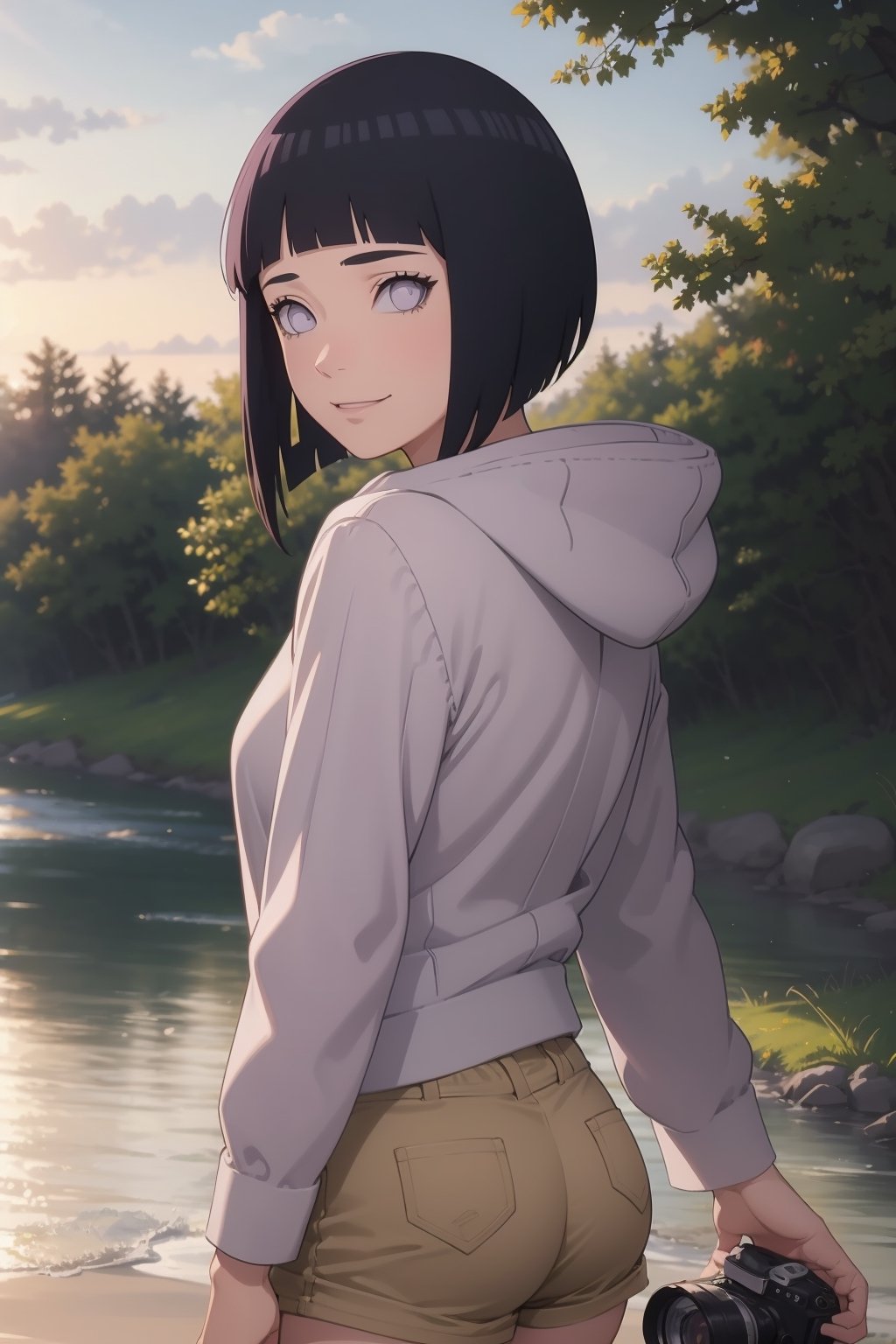 1girl, solo,Camera perspective from below, looking at viewer, short hair, bangs, black hair, long sleeves, purple eyes, thighs, shorts, outdoors, hood, blunt bangs, short shorts, hoodie, hood down, brown shorts, pink hoodie, hyuuga hinata,hinata(boruto) ,perfect light,hyuuga hinata ,smile,Details++,