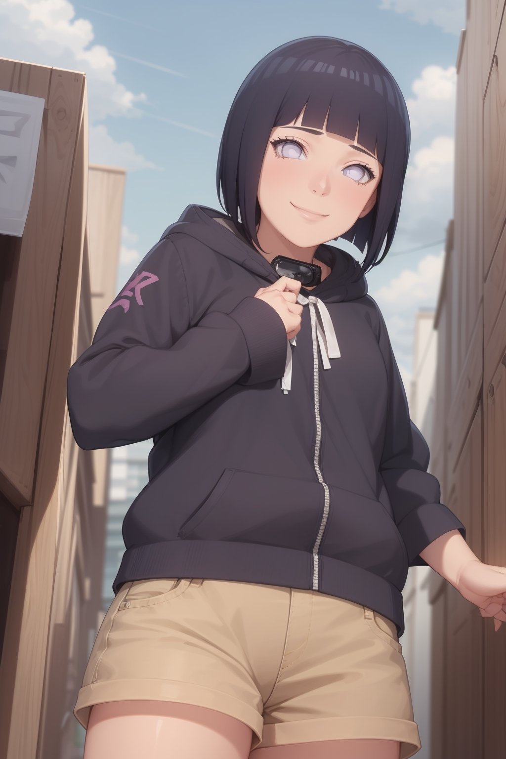 1girl, solo,Camera perspective from below, looking at viewer, smile, short hair, bangs, black hair, long sleeves, purple eyes, thighs, shorts, outdoors, hood, blunt bangs, short shorts, hoodie, hood down, brown shorts, pink hoodie, hyuuga hinata,hinata(boruto) ,perfect light,hyuuga hinata ,smile,Details++,