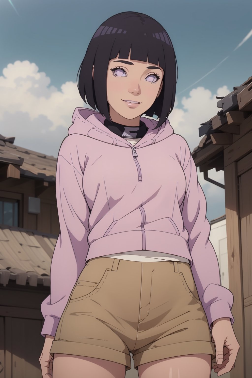 1girl, solo,Camera perspective from below, looking at viewer, smile, short hair, bangs, black hair, long sleeves, purple eyes, thighs, shorts, outdoors, hood, blunt bangs, short shorts, hoodie, hood down, brown shorts, pink hoodie, hyuuga hinata,hinata(boruto) ,perfect light,hyuuga hinata ,smile,Details++,