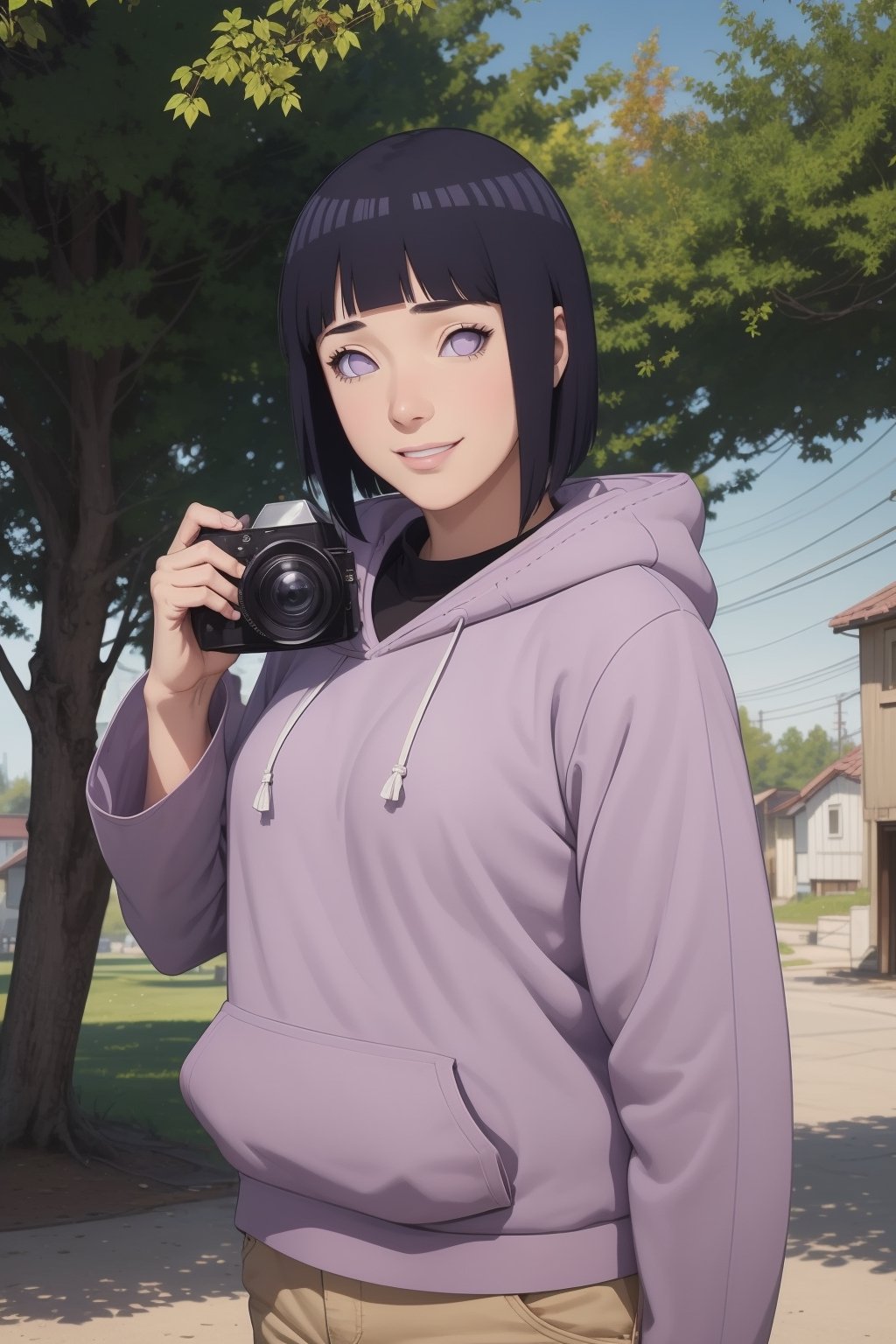 1girl, solo,Camera perspective from below, looking at viewer, smile, short hair, bangs, black hair, long sleeves, purple eyes, thighs, shorts, outdoors, hood, blunt bangs, short shorts, hoodie, hood down, brown shorts, pink hoodie, hyuuga hinata,hinata(boruto) ,perfect light,hyuuga hinata ,smile,Details++,