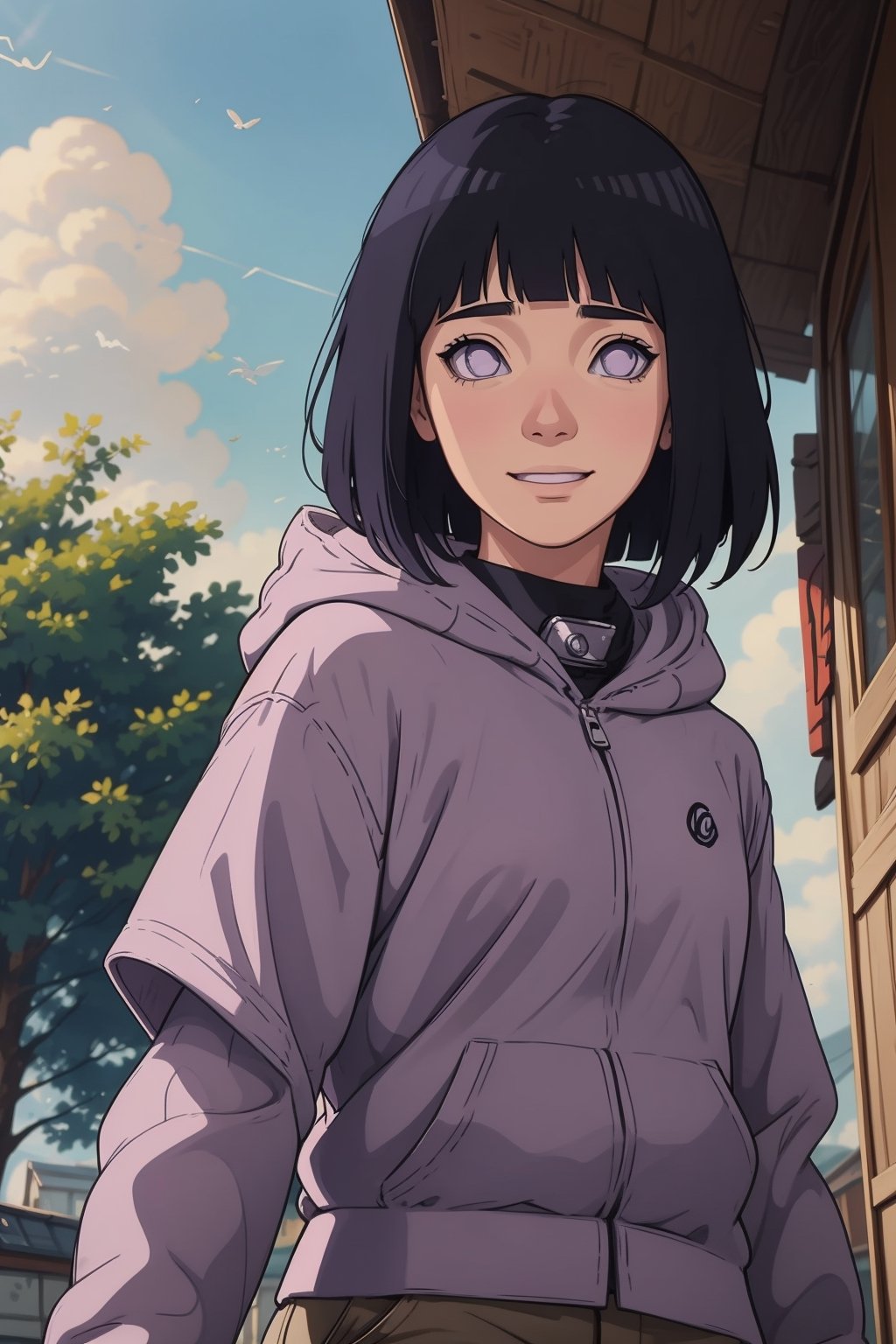 1girl, solo,Camera perspective from below, looking at viewer, smile, short hair, bangs, black hair, long sleeves, purple eyes, thighs, shorts, outdoors, hood, blunt bangs, short shorts, hoodie, hood down, brown shorts, pink hoodie, hyuuga hinata,hinata(boruto) ,perfect light,hyuuga hinata ,smile,Details++,