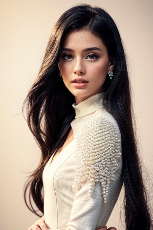 best quality, ultra high res, (Professional Photo:1.4), 1girl, 18 years old, (((Beautiful American Girl))), (Very Flat Chest:1.4), (Dark Black Hair:1.4), Very Long Curly Hair, (Free Hair), (No Make Up:1.4), (Natural Beauty Look), Female Priestess, Oval Face, Thin Nose, Thick Lips, Young Face, (full body), (closeup) , RAW candid cinema, 16mm, color graded portrait 400 film, remarkable color, ultra realistic, textured skin, remarkable detailed pupils, realistic dull skin noise, visible skin detail, skin fuzz, dry skin, shot with cinematic camera, Visible Face, no accessories on Face, no accessories on body, (Accurately Realistic Teeth), Very Lovely Look, (Vintage Photography Style), (Fashion Style), (SFW), ((Fully Clothed)), (Intricately Detailed Pearl White High Neck Dress), (Diamonds on Dress:1.4), Dress by Versace, Diamond Earrings, (Warm and Bright Colors), (Simple Soft Pink Background), (Award Winning Best Fashion Photography), Masterpiece