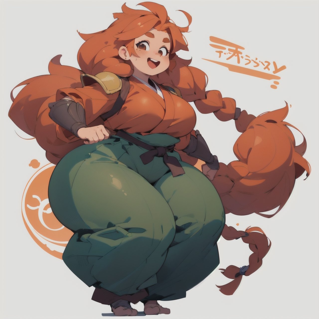 anime illustration, cute, chubby, ((martial artist, monk)), 1girl, happy, ((shortstack, curvy figure, overweight, large breasts, thicc)),  (orange hair, big hair, messy hair, big twin braids), thick eyebrows, (baggy pants, japanese armor), full body, 