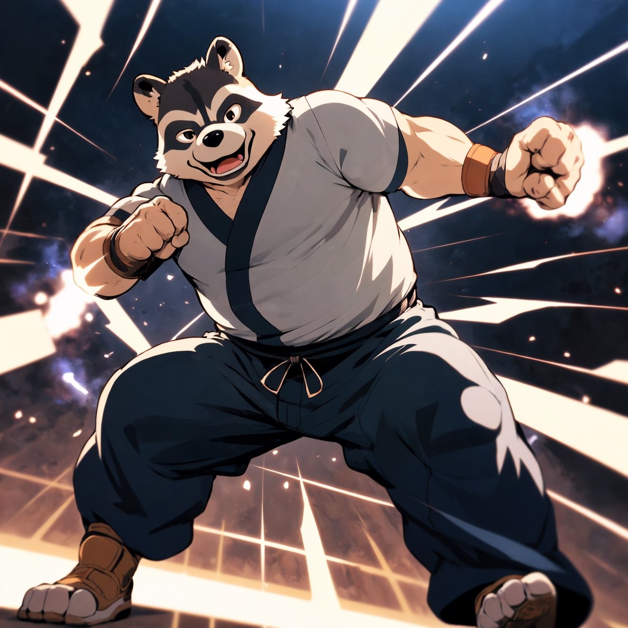 anime illustration of an (overweight) monk, martial artist, raccoon boy, anthro, puffy pants, baggy pants,, ((short legs)), chubby, fighting stance, ((dynamic angle)),