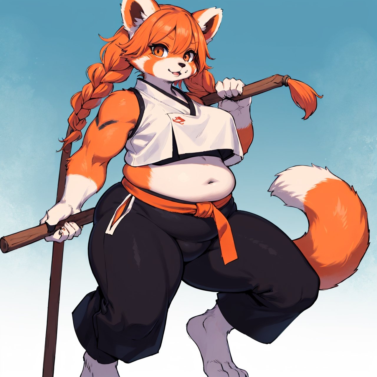 anime illustration of a female monk, martial artist, red-panda girl, anthro, (big hair, orange hair, twin braids), mature, plump, thick arms, balancing high on staff, puffy pants, crop top, long tail,