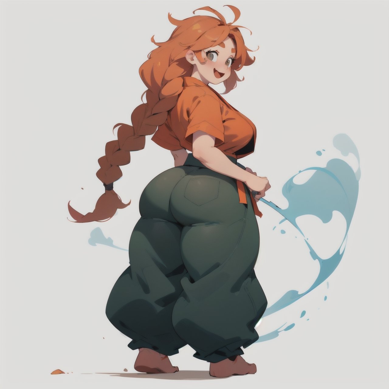 anime illustration, cute, chubby, ((martial artist, monk)), 1girl, happy, ((shortstack, curvy figure, overweight, large breasts, thicc)),  (orange hair, big hair, messy hair, big twin braids), thick eyebrows, (baggy pants, shin wraps), full body, from behind,