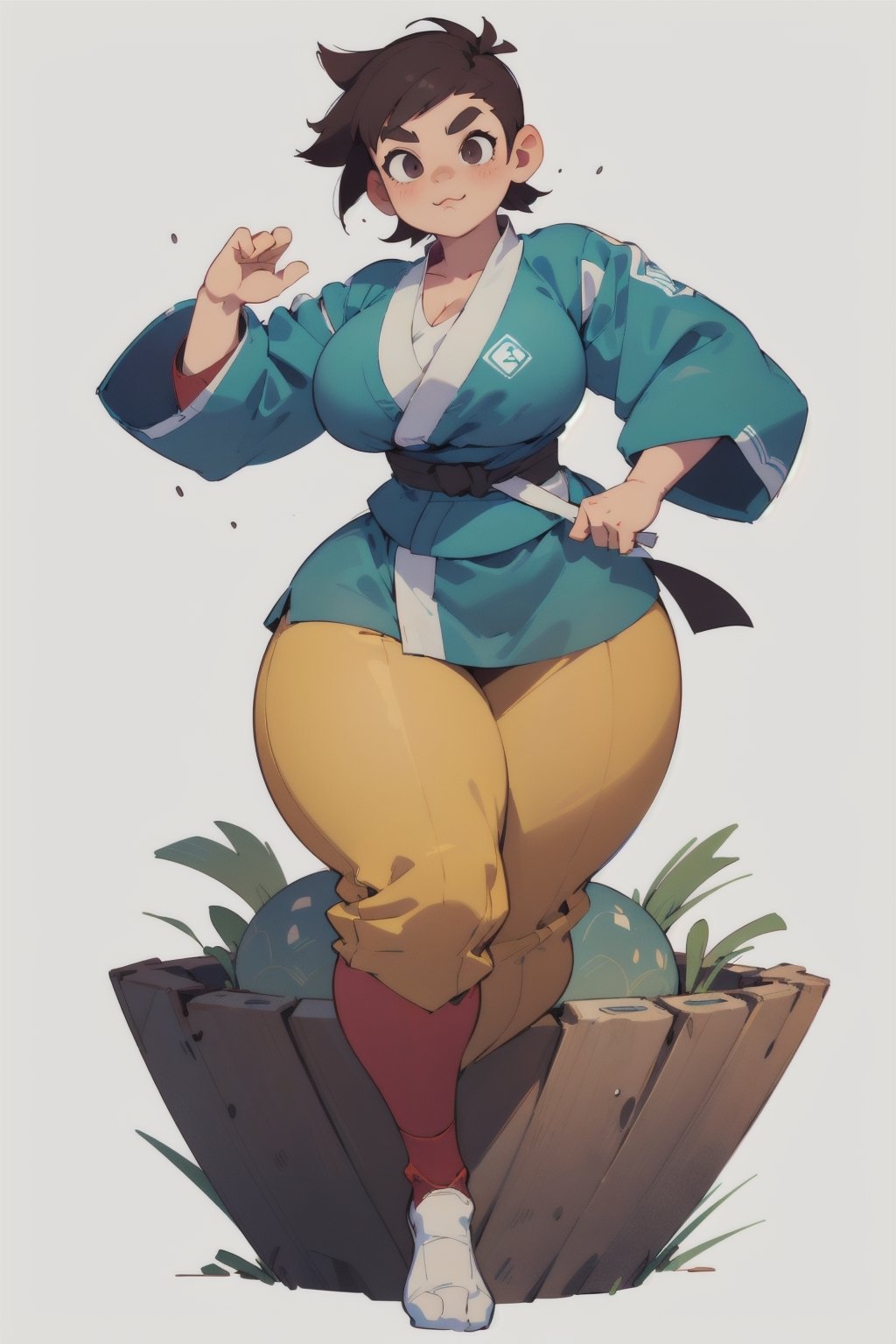 anime illustration, cute, chubby, ((martial artist, monk)), 1girl, ((shortstack, curvy figure, overweight, large breasts, thicc)), thick eyebrows, full body