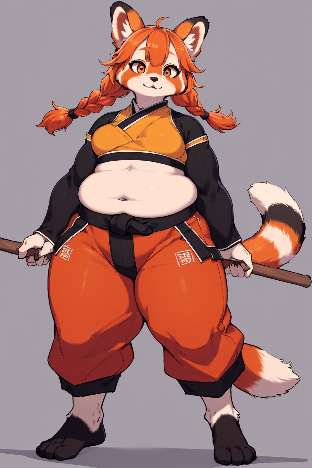 anime illustration of a female monk, martial artist, red-panda girl, anthro, (big hair, orange hair, twin braids), mature, plump, thick arms, balancing high on staff, puffy pants, crop top, long tail,