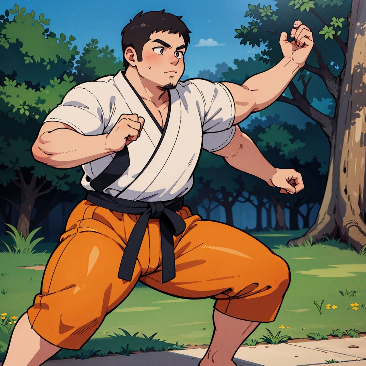 anime illustration of an overweight martial artist, monk, short hair, outdoors,