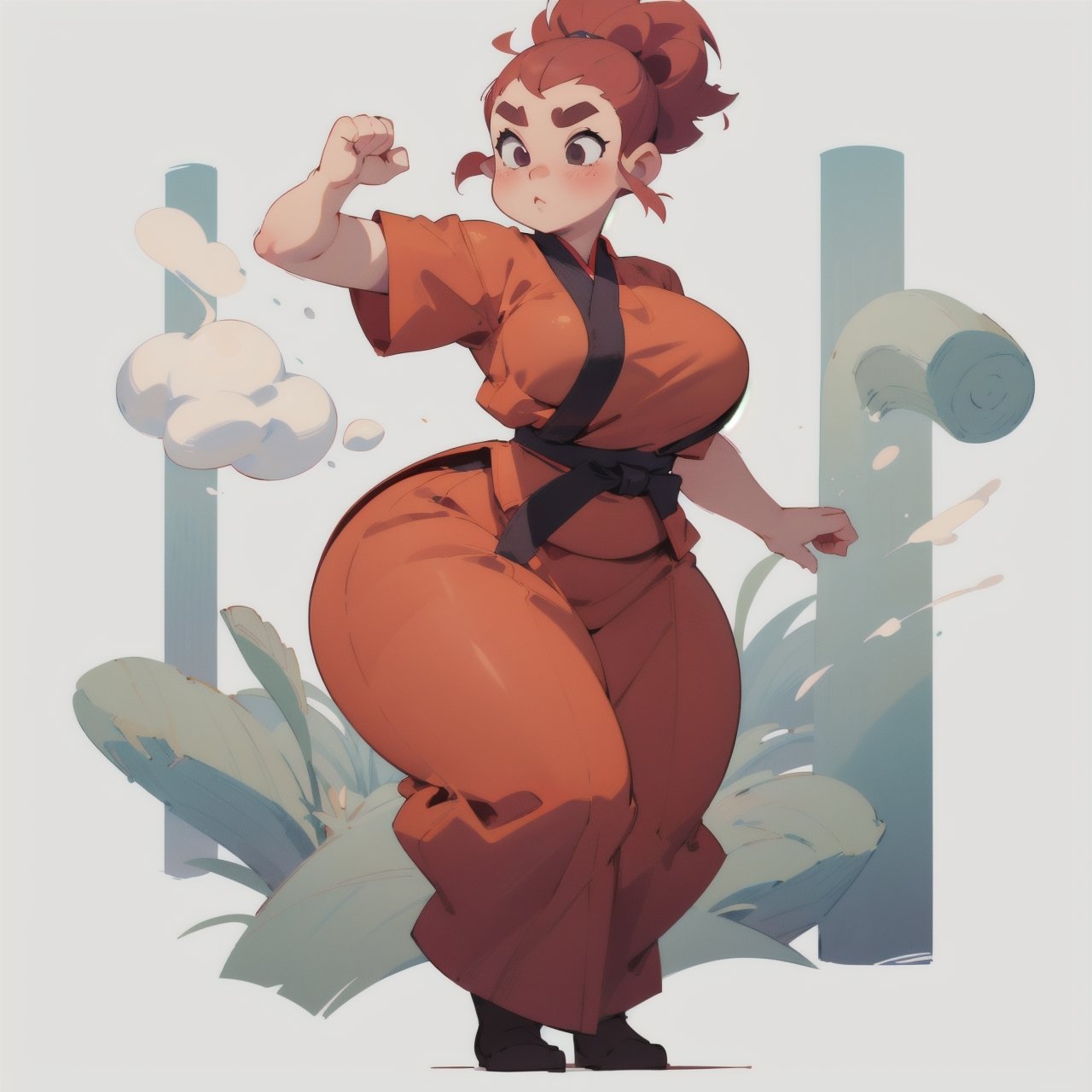 anime illustration, cute, chubby, ((martial artist, monk)), 1girl, ((shortstack, curvy figure, overweight, large breasts, thicc)), thick eyebrows, full body