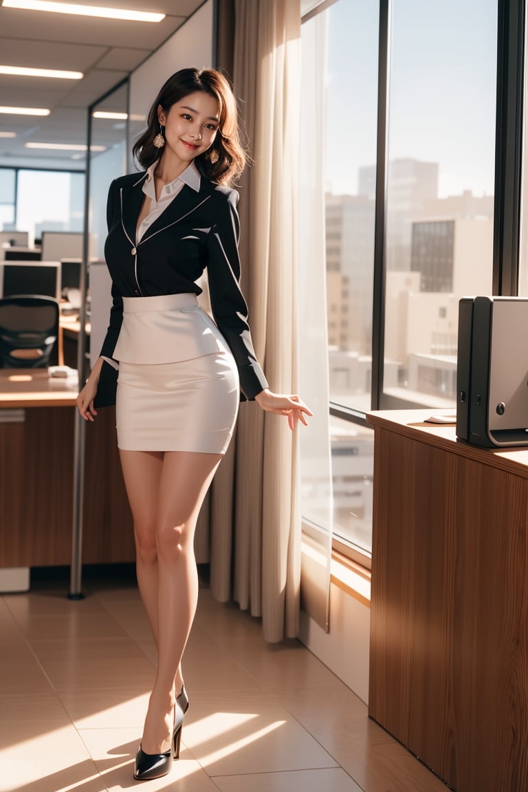 master piece, best quality, realistic, photorealistic, ultra highres, cinematic light, ultra high res, 

1 girl, look at viewer, {beautiful and detailed eyes}, calm expression, natural and soft light, hair blown by the breeze, delicate facial features, Blunt bangs, perfect anatomy, beautiful korean girl, eye smile, (wearing a office skirt suit:1.4), lipstic, makeup, earrings, large breasts, skirt, ((model pose)), Glamor body type, high heel, wide pelvis, (place one's hands and lean one's body against the desk:1.4)), showing off her beautiful leg, out_doot, (dynamic pose:1.3) office_lady, (seductive smile:1.4), from behind, (full body:1.3)