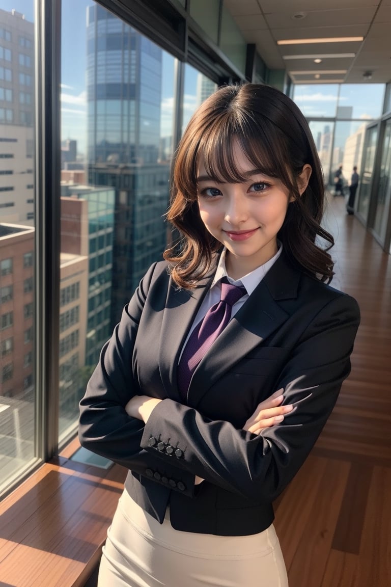 masterpiece, best quality, extremely detailed, anime,girl,solo,upper body,curly hair,business skirt,dress shirt,business jacket,open stance,smile,at office,sky,cute pose,id card,