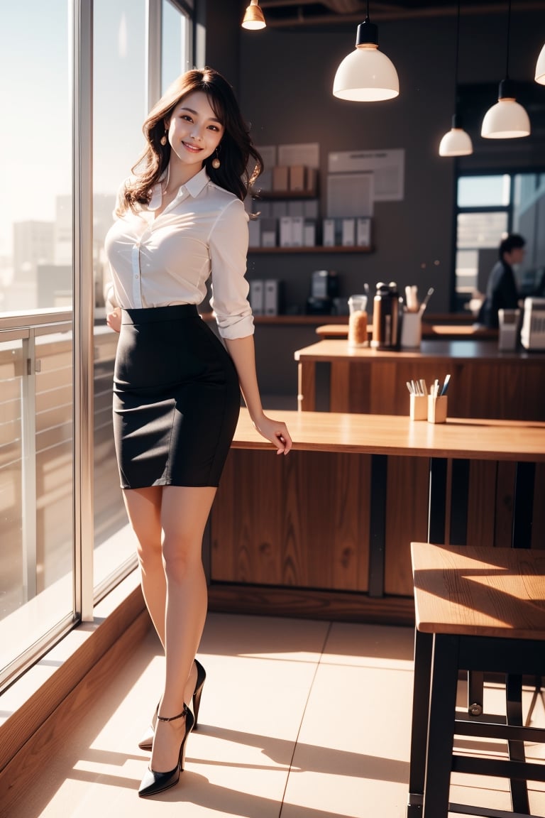 master piece, best quality, realistic, photorealistic, ultra highres, cinematic light, ultra high res, 

1 girl, look at viewer, {beautiful and detailed eyes}, calm expression, natural and soft light, hair blown by the breeze, delicate facial features, Blunt bangs, perfect anatomy, beautiful korean girl, eye smile, (wearing a office skirt suit:1.4), lipstic, makeup, (Skirt length up to the knees:1.4), earrings, large breasts, skirt, ((model pose)), Glamor body type, high heel, wide pelvis, (On the coffee shop bench on the balcony:1.4)), showing off her beautiful leg, out_doot, (dynamic pose:1.3) office_lady, (seductive smile:1.4), from behind, (full body:1.3)