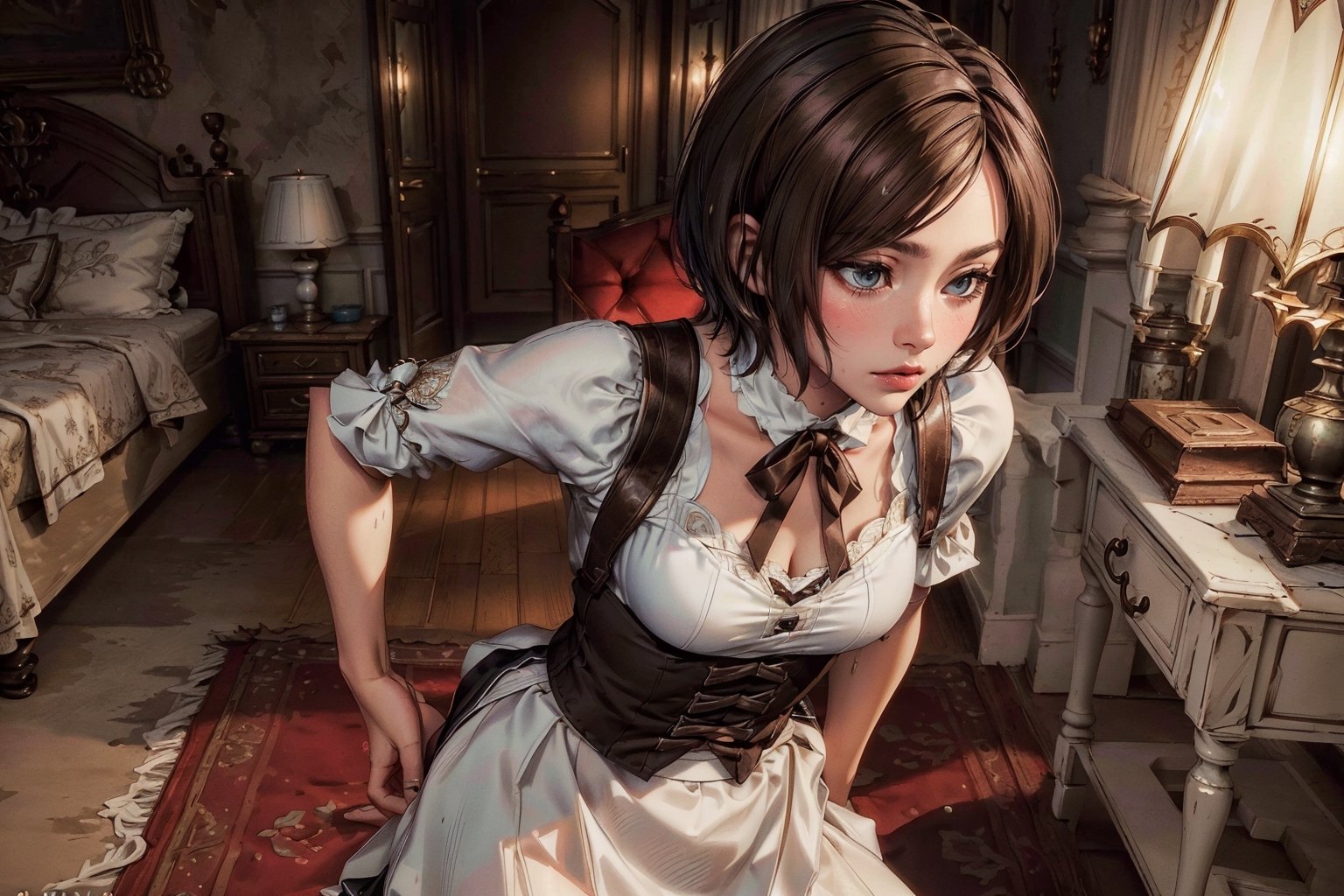 (4k), (masterpiece), (best quality),(extremely intricate), (realistic), (sharp focus), (cinematic lighting), (extremely detailed), hdr

full body, (busty maid), ((short_white_skirt)), ((small_white_blouse)), ((brown_hair)), american girl, castle bedroom, shy, timid, (blushing) AdaWongRE