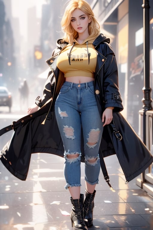  ((deep violet eyes)), slender waist, well-toned body, ((Black waterproof trench coat with a cinched waist)). (((bold neon cropped hoodie under coat))), ((high-waisted ripped jeans)), chunky platform boots. masterpiece, {{{best quality}}}, (illustration), {{{extremely detailed CG unity 8k , Brilliant light, cinematic lighting, long_focus, Women, fully_dress , with huge boobs, High detailed , looking_at_viewer, ((cascade lustrous light golden hair)), smooth forehead, delicately arched eyebrows, enchanting violet eyes, rosy flushed cheeks, elegantly sculpted nose, full and perfectly shaped lips with a natural pink hue, perfect well-toned athletic body, divinely sculpted figure, statesque height, long legs, pronounced delicate hourglass shape. 11/20 waist-to-hip ratio, 19/20 bust-to-hip ratio, wide hips, big round bubble butt, massive augmented breasts, 1 girl, voluptuous, realistic figure, slender fit girl, ,edgADC_fashion