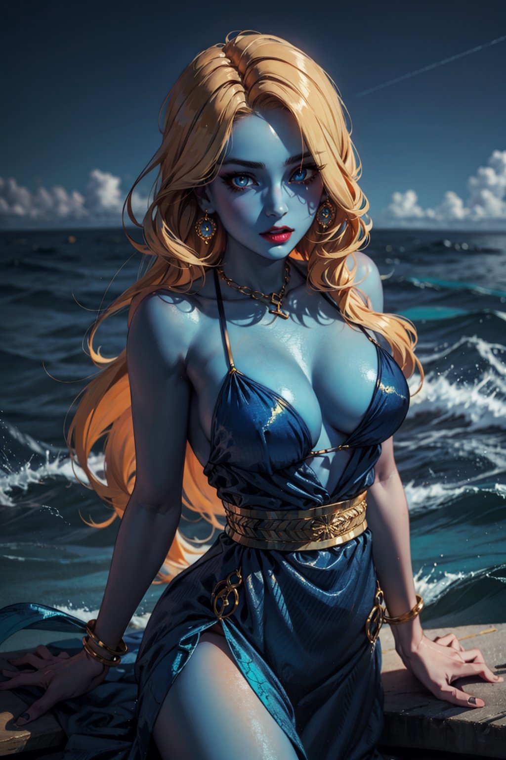 ,perfecteyes,women,Ocean Lady,An eye in the middle of the forehead,Otosotski's eyes,golden blue dress,blue skin