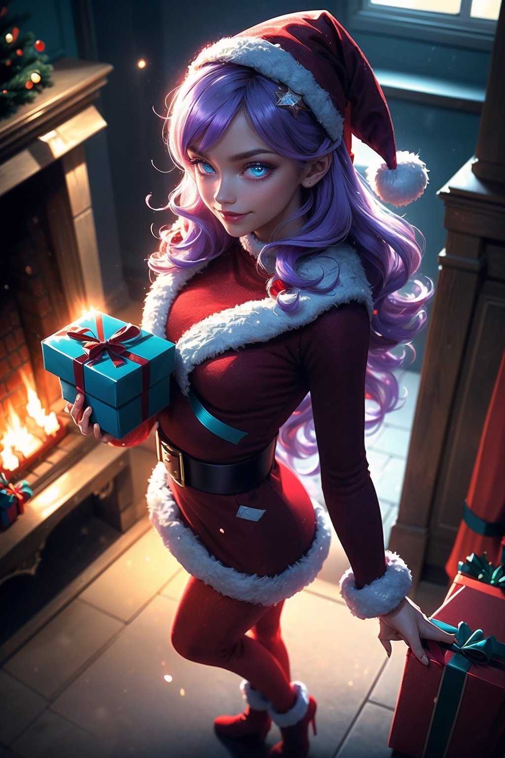 indoor, pastel colors, (high angle:1.5), depth of field, cinematic lighting, fairy tail lights, (glowing:1.5), masterpiece, landscape, dynamic angle, dynamic pose, sharp focus, little girl, santa claus costume, smiling, standing, (giving presents:1.5), whitish purple hair, very long hair, light turquoise eyes, red tone, orange tone, fireplace, , santa costume, christmas