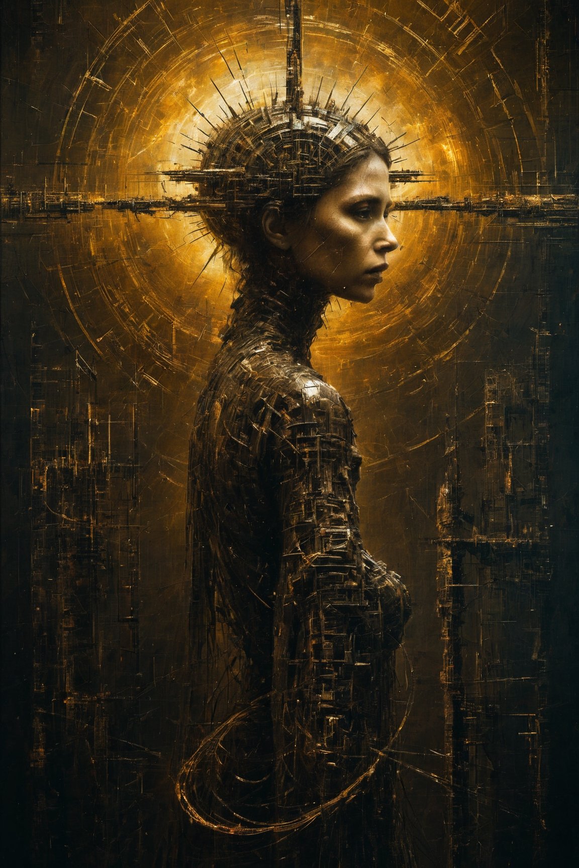 Modern art style on the theme of "1997 film Event Horizon" in the style of Stefan Gesell, golden ratio, horrible scene, fear, death, Movie Still, abstract, Magical Fantasy style