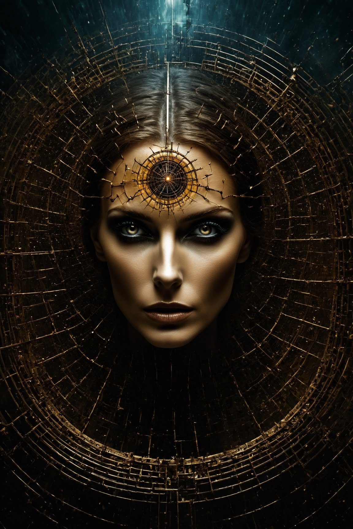 Modern art style on the theme of "1997 film Event Horizon" in the style of Stefan Gesell, golden ratio, horrible scene, fear, death, Movie Still, abstract, photo R3al, ,Magical Fantasy style