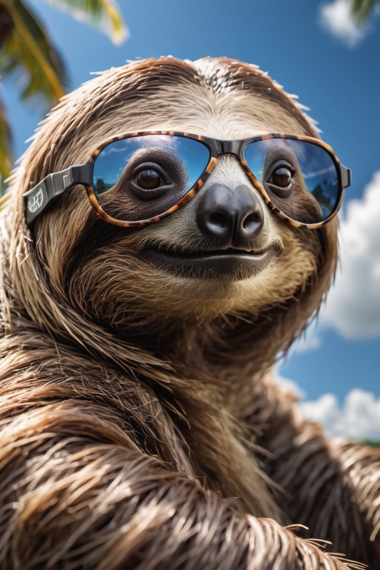 hyper detailed photograph of a sloth wearing sunglasses under a tropical sky, daytime,|photographic, realism pushed to extreme, fine texture, incredibly lifelike, cinematic, large format camera, photo realism, DSLR, 8k uhd, hdr, ultra-detailed, high quality, high contrast