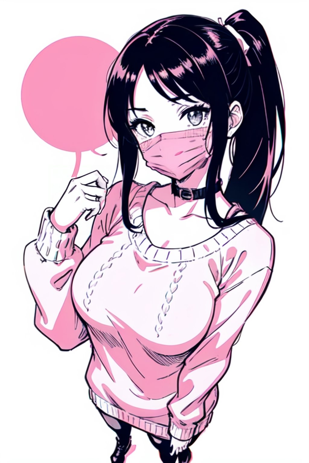 cute girl with long black hair, high ponytail,1girl, pink thin seductive eyes, wearing a white facemask, blushing, wearing a pink sweater on top of a white shirt, open collar,  manga style, monochrome, gray, manga texture, portrait, full body, slim, good hands