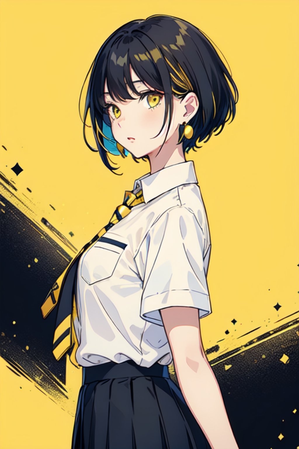 girl in school uniform with black and yellow hair standing in front of yellow background, 1girl, solo, yellow background, short hair, skirt, shirt, black hair, necktie, simple background, white shirt, yellow eyes, black necktie, jewelry, pleated skirt, from side, short sleeves, earrings, collared shirt, shirt tucked