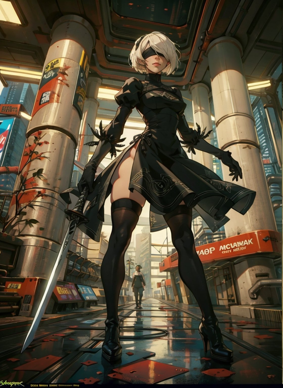 ilustration of badass 2B from Nier Automata,  action pose with her sword, long black boots, cyberpunk city, digital illustration,  comic style,  stunning background,  approaching perfection,  dynamic,  highly detailed,  artstation,  concept art,  smooth,  sharp focus,  illustration,  art by Carne Griffiths and Wadim Kashin,  trending on artstation,  sharp focus,  studio photo,  intricate details,  highly detailed
Negative prompt: EasyNegative
Steps: 23, Sampler: Euler a, CFG scale: 7.0, Seed: 1219203566, Size: 512x768, Model: 600, Denoising strength: 0.25, Clip skip: 2, ENSD: 31337, TI hashes: easynegative, Version: v1.6.0.21-2-g18ca1f3
Used Embeddings: easynegative,n_2b,yorha no. 2 type b,blindfold,fate/stay background,yofukashi background
