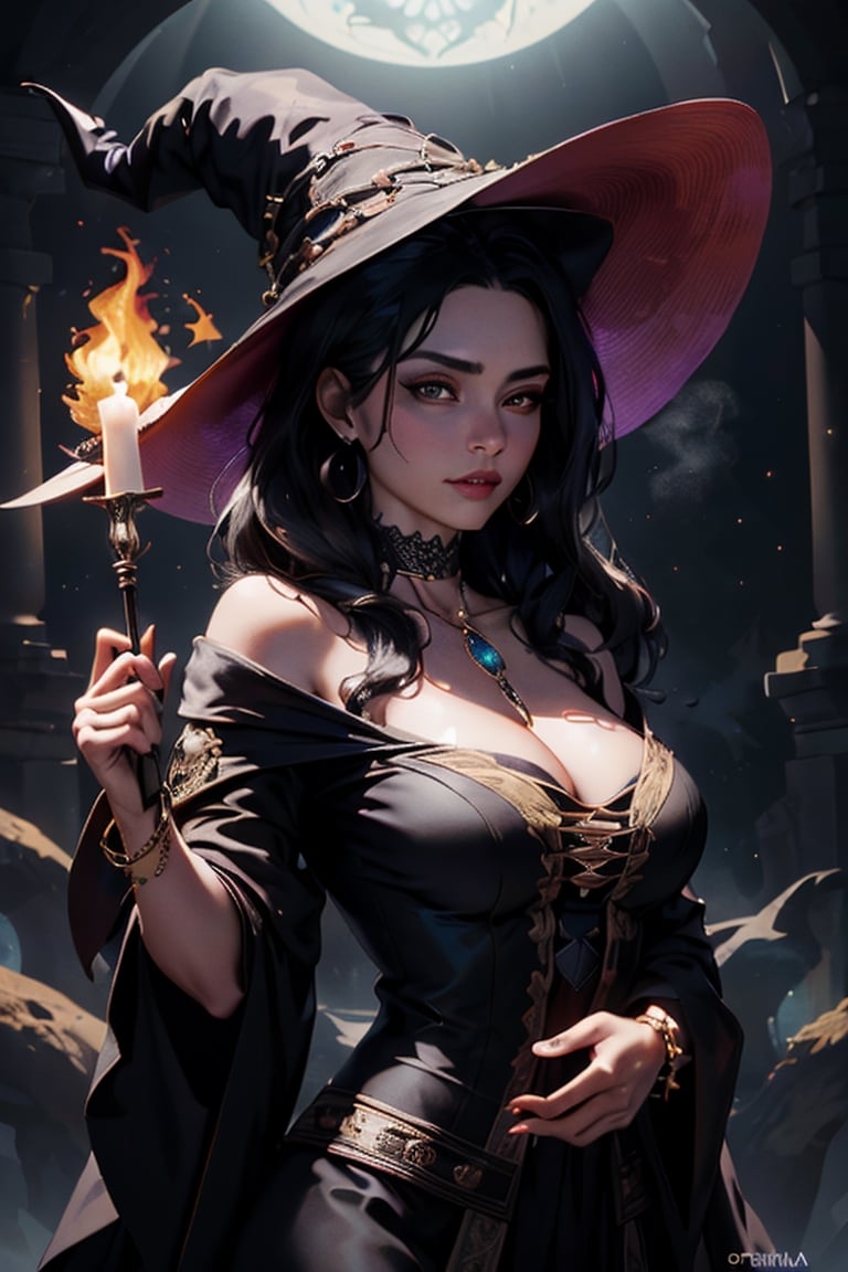 masterpiece, best quality, highres, 1girl, Hermosa mujer sensual, atuendo gótico, vestida con túnica negra con rica decoración, bruja, witch hat, waved hair, Witch gown,jewelry,high heels,cleavage,earrings,bracelet,bare shoulders, magic_wand expresión segura, mirada a la cámara (fondo misterioso mágico, luciérnagas, partículas brillantes, niebla etérea, oscuridad tenue, símbolos mágicos, Hierbas, y velas encendidas), alta saturación, luz de película, luz de borde, mejores sombras, (Lente utilizada: prime 50mm:1.3), (MODELO DE CÁMARA: Fotograma completo Sony Alpha a7R IV:1.3), (Iluminación meticulosamente elaborada que crea un ambiente misterioso:1.2),More ,TinkerWaifu,wendygf,FGO