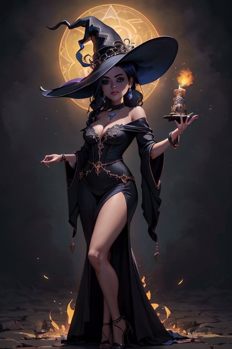 masterpiece, best quality, highres, 1girl, Hermosa mujer sensual, atuendo gótico, vestida con túnica negra con rica decoración, bruja, witch hat, waved hair, Witch gown,jewelry,high heels,cleavage,earrings,bracelet,bare shoulders, magic_wand expresión segura, mirada a la cámara (fondo misterioso mágico, luciérnagas, partículas brillantes, niebla etérea, oscuridad tenue, símbolos mágicos, Hierbas, y velas encendidas), alta saturación, luz de película, luz de borde, mejores sombras, (Lente utilizada: prime 50mm:1.3), (MODELO DE CÁMARA: Fotograma completo Sony Alpha a7R IV:1.3), (Iluminación meticulosamente elaborada que crea un ambiente misterioso:1.2),More ,TinkerWaifu,wendygf,FGO,other mother