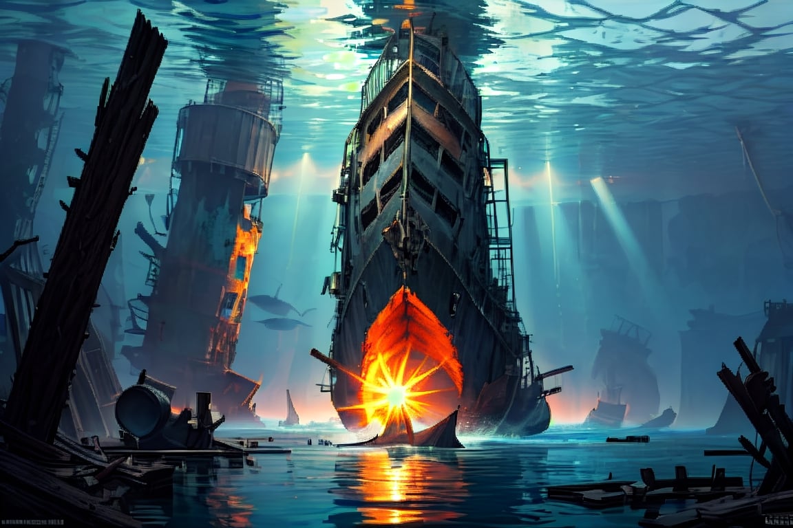 (stunning masterpiece: 1.3), ((12k HDR)), ((under water)), A photo of a marine scientist diver studying remains of a ship, the keel is sunk to the bottom, the ship is split in half, Creatures of Deep waters that inhabit the area, adding to the ominous atmosphere, Lurk in the shadows, Inside and outside the twisted metal wreckage. The colors of the place are muted and gloomy, with rusty metal and rotting wood creating a sense of decay and neglect. Although the surface of the water is calm, ((sun rays)), ((Brilliant diamond splatter)), swirl of air bubbles, sharp focus, intricate detail, high detail, digital art, bright beautiful splatter, sparkling, stunning digital art, interspersed with vibrant colors and surreal fantasy lighting, super detail, digital photography, 8k, sharp focus, ,no_humans