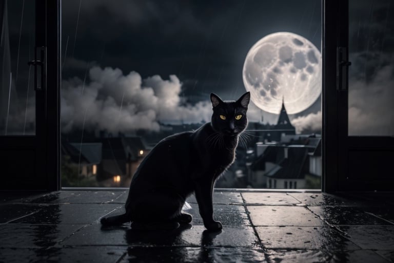 Realistic  close-up shot. a black cat, it is night. Rain-soaked street, dimly lit windows, little light, fog, moon covered by clouds, rain, damp, melancholy, low key black and white photographic
,photorealistic,rfktrfod,zxsmk, Dark_Mediaval