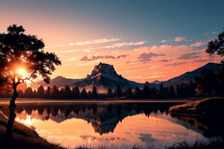 pic of a magnificent sunset over a mountainous landscape, Castle ruins, where the high peaks are bathed in a golden light and the sky is painted with soft shades of orange and pink. The clouds extend in dramatic shapes, criando uma cena deslumbrante e serena. No primeiro plano, There is a tranquil lake reflecting the beauty of the sky, while silhouetted trees add a touch of mystery to the landscape. The balanced composition and vastness of nature captured in this aspect of  convey a sense of calm and wonder at the grandeur of the natural setting. 