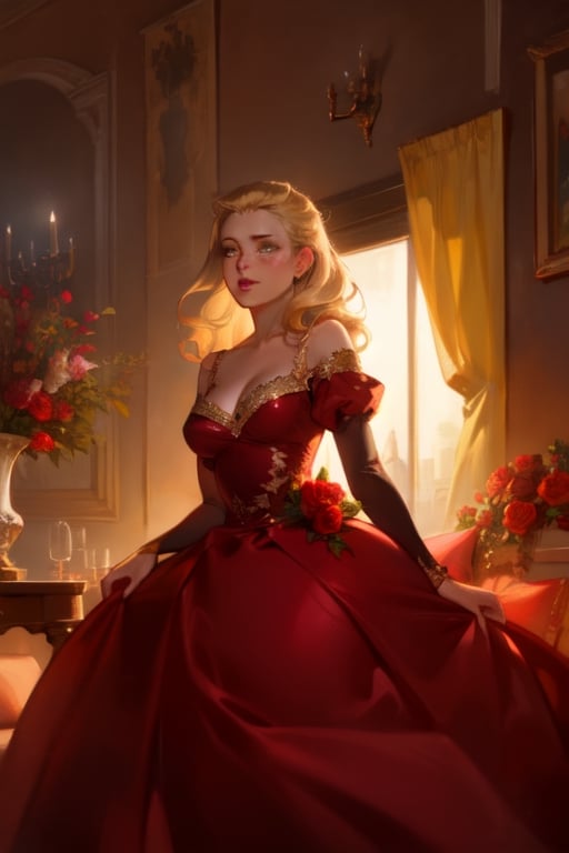 A beautiful blonde woman in an elegant ball gown sits gracefully by the window, surrounded by roses and soft lighting. The room is adorned with vintage furniture, creating a romantic atmosphere reminiscent of old Hollywood glamour. She has her hair styled into classic waves, adding to its timeless elegance. A painting hangs on one wall depicting pink flowers and greenery, enhancing the overall ambiance. This scene captures the essence of romance and luxury in the style of an old Hollywood film. Photorealistic,