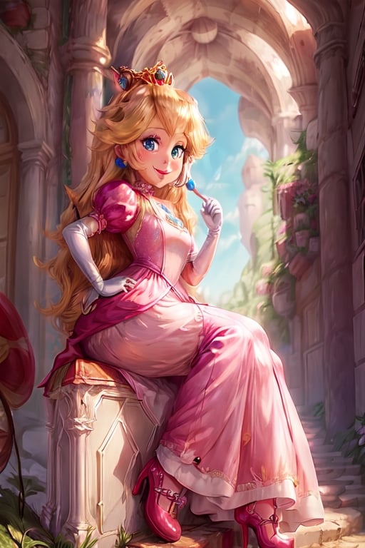 Peach_SMP, , memewaifu, bowsetto, 1girl, solo, dress, heels, mushroom kingdom, castle, smile, masterpiece, highres, detailed foreground, mushroom field, sitting ,princess_peach,Peach_SMP,hanging