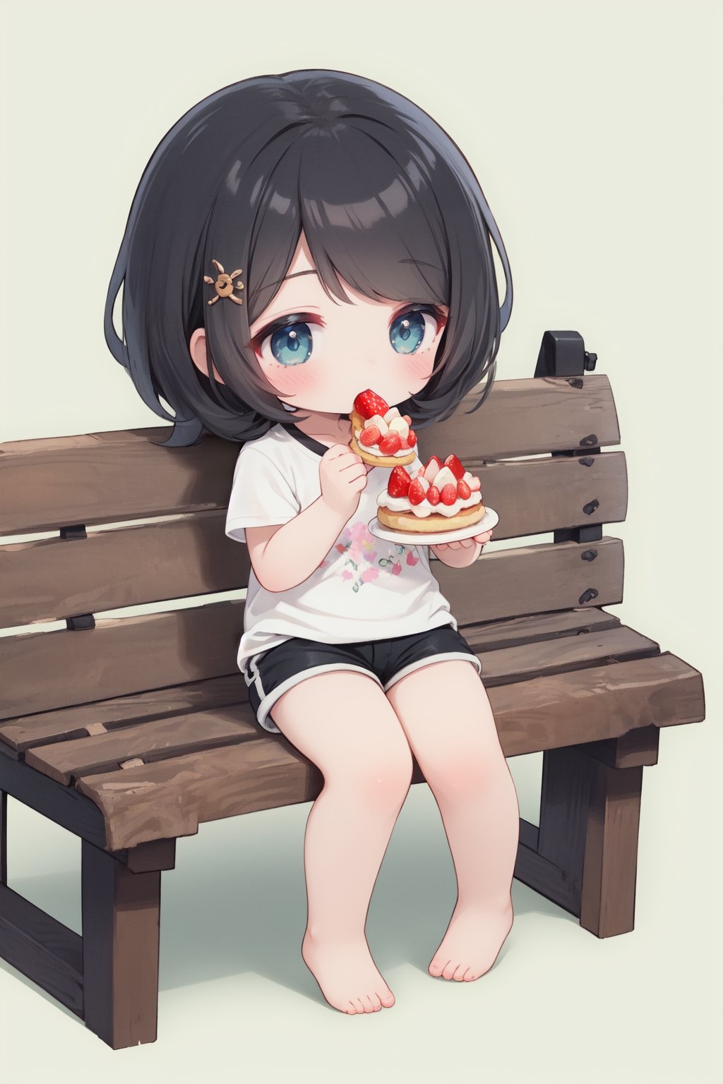 Masterpiece, highest quality, high brightness, 1girl , black hair, short hair, hair ornament, shorts, white tee, minishorts, chibi, cute, masterpiece, eating strawberry shortcake, sitting, bench