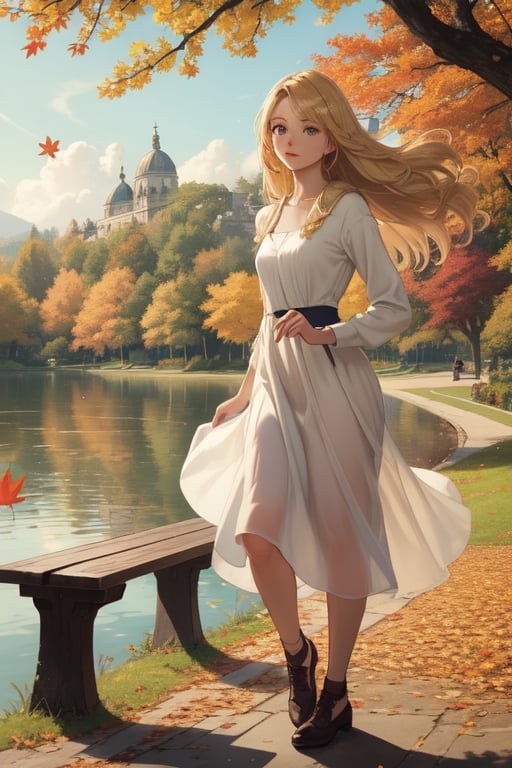 Masterpiece, highest quality, high brightness, 1girl , blonde  hair, long hair, hair ornament, nice dress, cute, masterpiece,, stand next a bench, nice park and lake, autum season, windy, leafs in the ground background,windlift