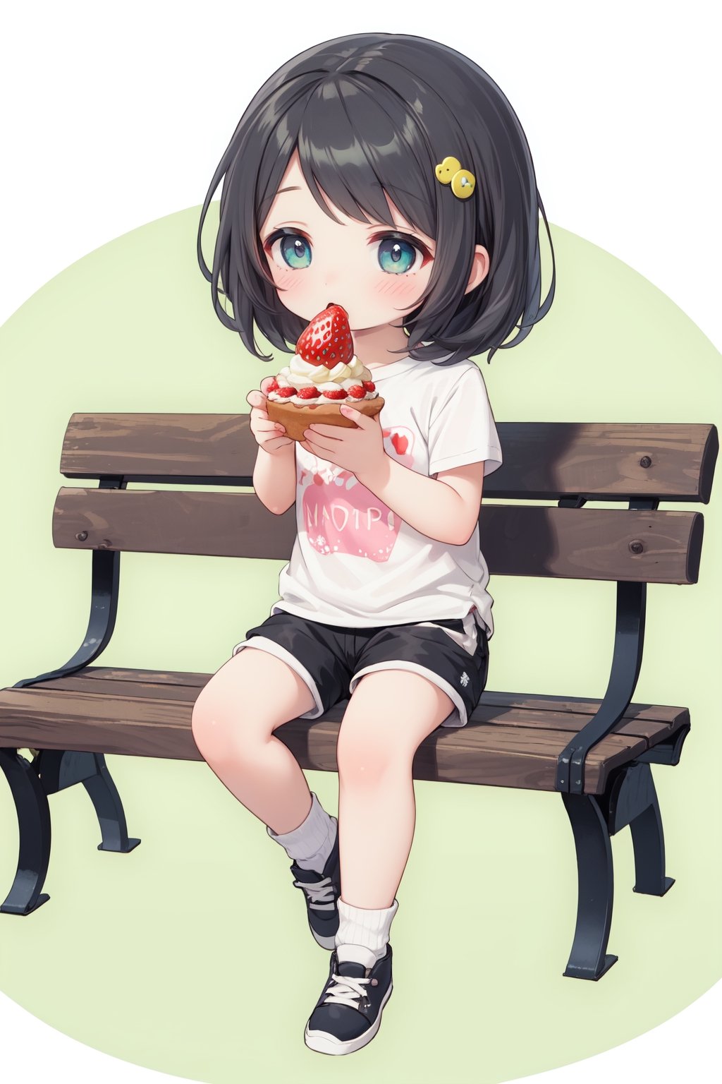 Masterpiece, highest quality, high brightness, 1girl , black hair, short hair, hair ornament, shorts, white tee, minishorts, chibi, cute, masterpiece, eating strawberry shortcake, sitting, bench