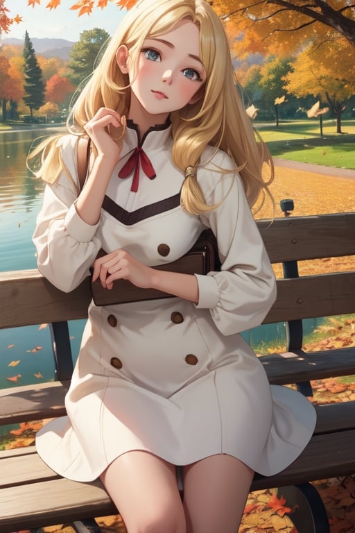 Masterpiece, highest quality, high brightness, 1girl , blonde  hair, long hair, hair ornament, nice dress, cute, masterpiece,, stand next a bench, nice park and lake, autum season, windy, leafs in the ground background,windlift