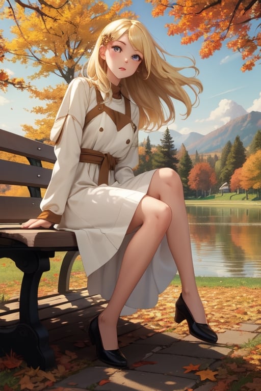 Masterpiece, highest quality, high brightness, 1girl , blonde  hair, long hair, hair ornament, nice dress, cute, masterpiece,, stand next a bench, nice park and lake, autum season, windy, leafs in the ground background,windlift