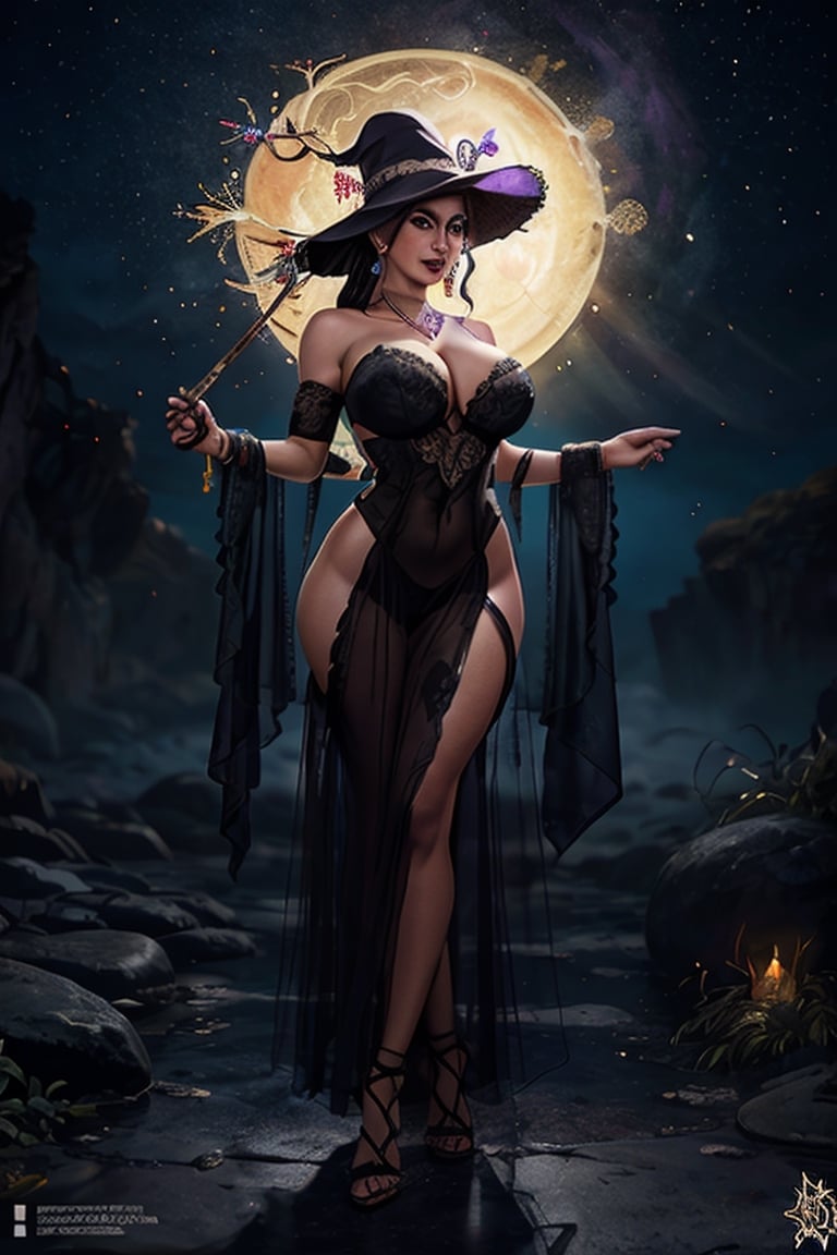 masterpiece, best quality, highres, 1girl, Hermosa mujer sensual, atuendo gótico, vestida con túnica negra con rica decoración, bruja, witch hat, waved hair, Witch gown,jewelry,high heels,cleavage,earrings,bracelet,bare shoulders, magic_wand expresión segura, mirada a la cámara (fondo misterioso mágico, luciérnagas, partículas brillantes, niebla etérea, oscuridad tenue, símbolos mágicos, Hierbas, y velas encendidas), alta saturación, luz de película, luz de borde, mejores sombras, (Lente utilizada: prime 50mm:1.3), (MODELO DE CÁMARA: Fotograma completo Sony Alpha a7R IV:1.3), (Iluminación meticulosamente elaborada que crea un ambiente misterioso:1.2),More ,TinkerWaifu,wendygf,FGO,other mother,violetparr,LuluFFX