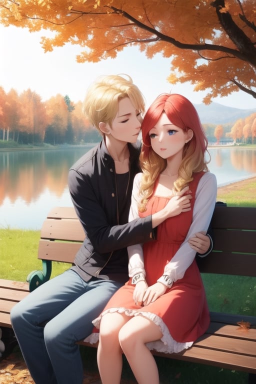 Masterpiece, highest quality, high brightness, 1girl , blonde  hair, long hair, hair ornament, nice dress, cute, masterpiece, eating strawberry shortcake, sitting, bench, nice park and lake, autum season, windy, leafs in the ground, hug, 1boy, 1girl,  background,hug