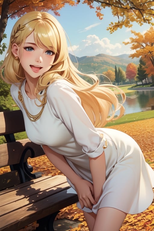 Masterpiece, highest quality, high brightness, 1girl , blonde  hair, long hair, hair ornament, nice dress, cute, masterpiece,, stand next a bench, nice park and lake, autum season, windy, leafs in the ground background,windlift