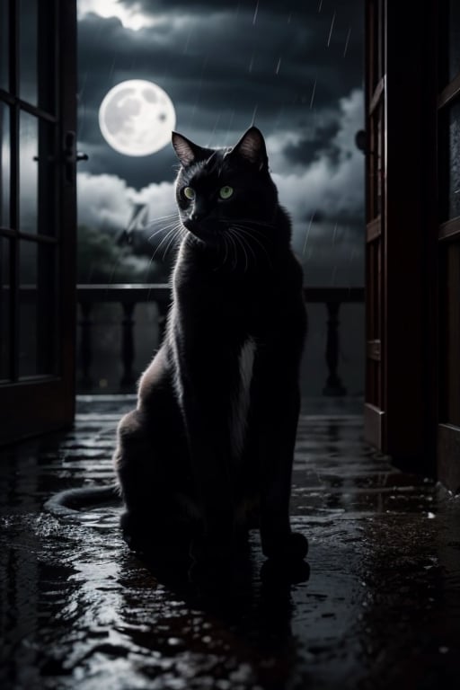 Realistic  close-up shot. a black cat, it is night. Rain-soaked street, dimly lit windows, little light, fog, moon covered by clouds, rain, damp, melancholy, low key black and white photographic
,photorealistic,rfktrfod,zxsmk, Dark_Mediaval