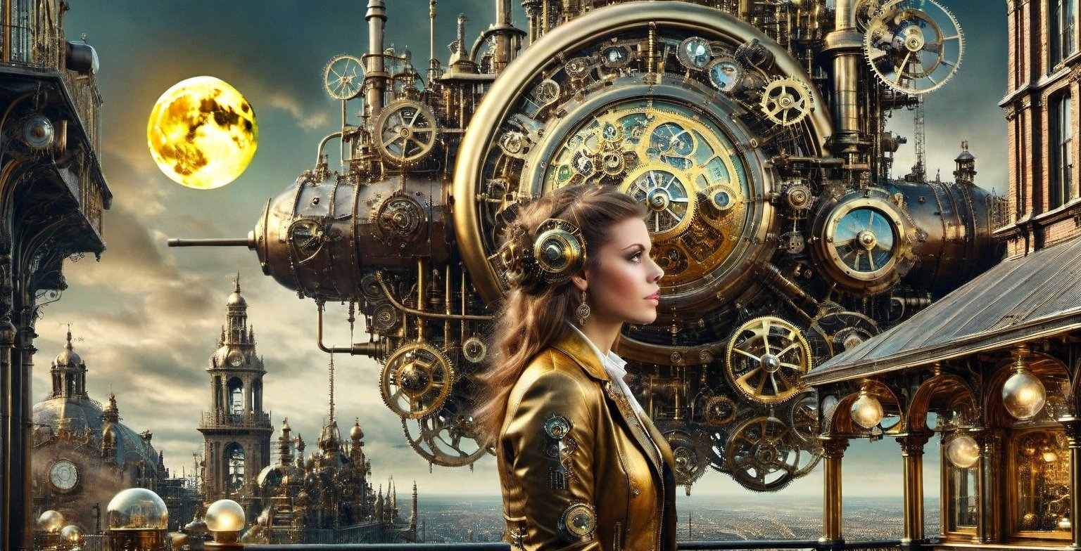 a beautiful girl looking, Streampunk themed, Clockwork  in a city, zepellin fly by sky, steampunk machinery, landscape, yellow and gold moon, dark skies, more_details:1.5

,ste4mpunk,DonMSt34mPXL,HZ Steampunk