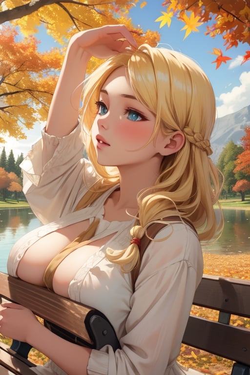 nsfw, Masterpiece, highest quality, high brightness, 1girl , blonde  hair, long hair, hair ornament, nice dress, cute, masterpiece,, stand next a bench, nice park and lake, autum season, windy, leafs in the ground background,windlift