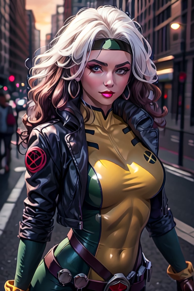 official art,extremely detailed CG unity 8k wallpaper, perfect lighting,Colorful, facial portrait, sexy stare, smirked, fighting stance, top of city, sunset, wind:1.1, long hair,breasts,brown hair,green eyes,lipstick,makeup,lips,white hair,two-tone hair,headband,wavy hair,large breasts,messy hair,curly hair,big_hair, yellow bodysuit,jacket,gloves,belt,yellow gloves,green bodysuit,bodysuit,multicolored bodysuit,superhero, skin tight,multicolored clothes, CARTOON_X_MENs_Rogue