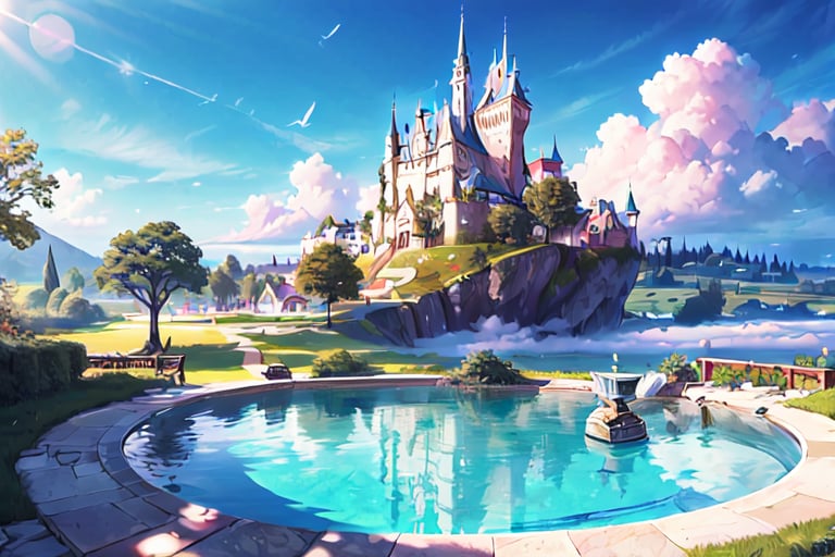 A fantastical landscape featuring a large rock formation suspended above the clouds. Atop the formation, there is a castle and various structures. Lush greenery surrounds the pools and pathways, blending nature with medieval architecture. The sky is bright blue with large, fluffy clouds, creating a whimsical, otherworldly atmosphere.