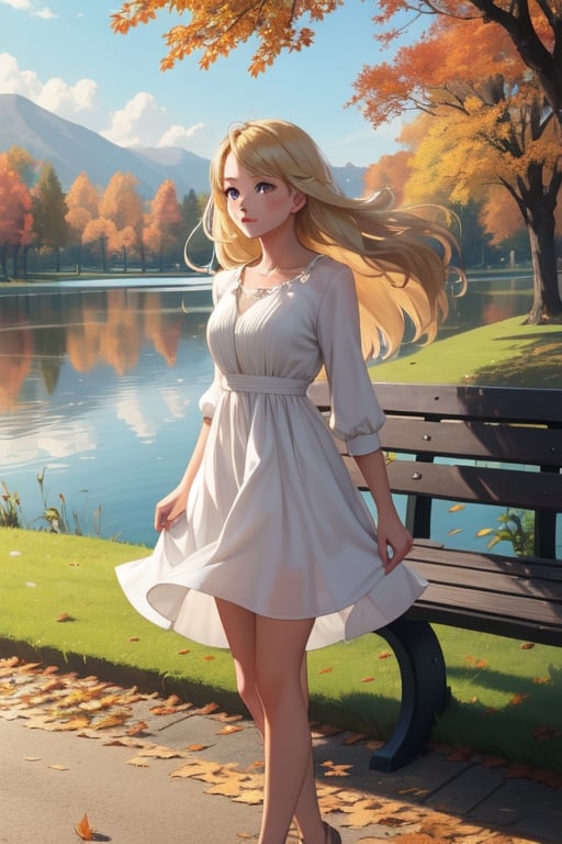 Masterpiece, highest quality, high brightness, 1girl , blonde  hair, long hair, hair ornament, nice dress, cute, masterpiece,, stand next a bench, nice park and lake, autum season, windy, leafs in the ground background,windlift