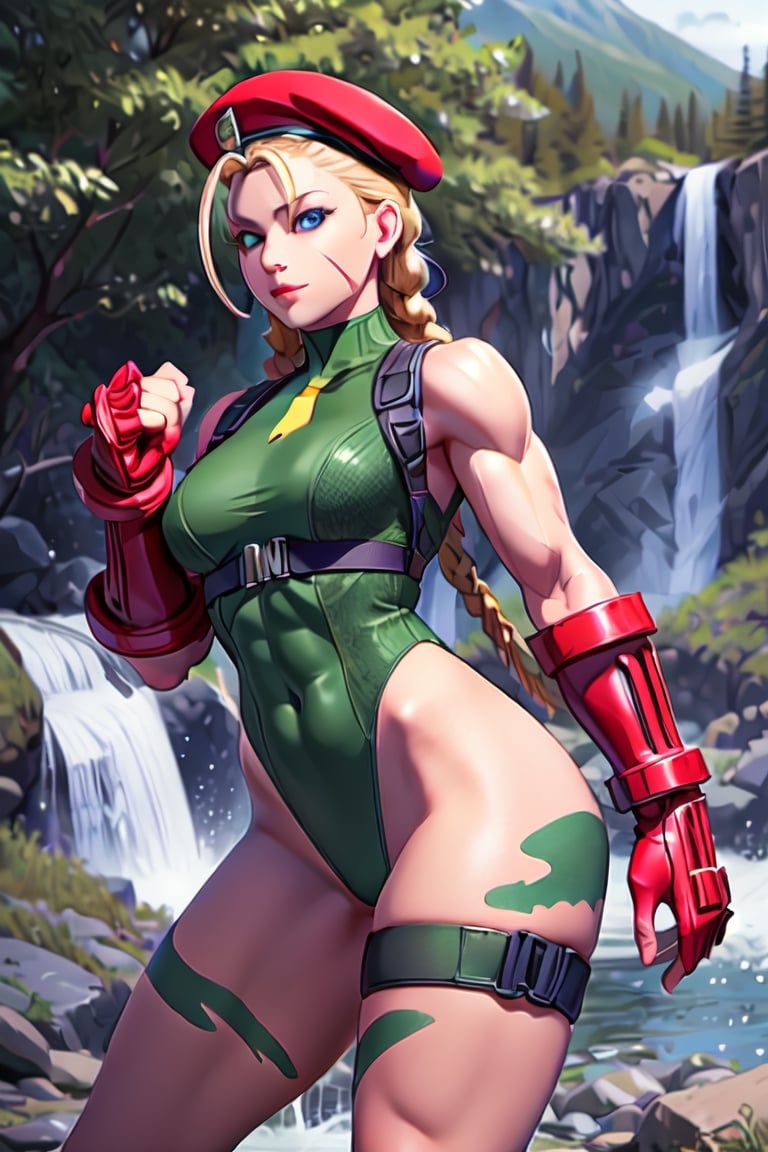 sfr1v, facial portrait, sexy stare, smirked, fighting stance, mountains, birds, trees, waterfall, hodoken,cammy, cammy white,hat,long hair,beret,braid,twin braids,gloves,green leotard,blue eyes,fingerless gloves.scar,highleg leotard,antenna hair,highleg,lips,red gloves,muscular,red headwear,large breasts,camouflage,thick thighs,covered navel,thong leotard,muscular female,abs,scar on face,thigh strap,bare shoulders,bodypaint, sf6,cammy_green_bodysuit_aiwaifu