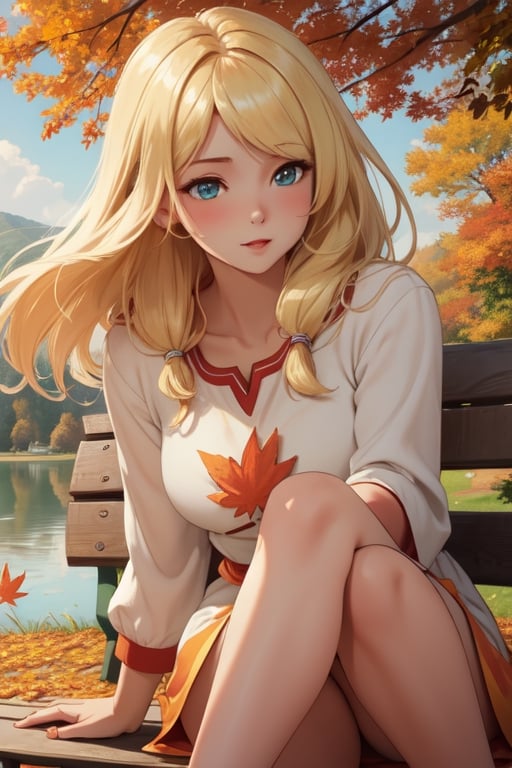 nsfw, Masterpiece, highest quality, high brightness, 1girl , blonde  hair, long hair, hair ornament, nice dress, cute, masterpiece,, stand next a bench, nice park and lake, autum season, windy, leafs in the ground background,windlift